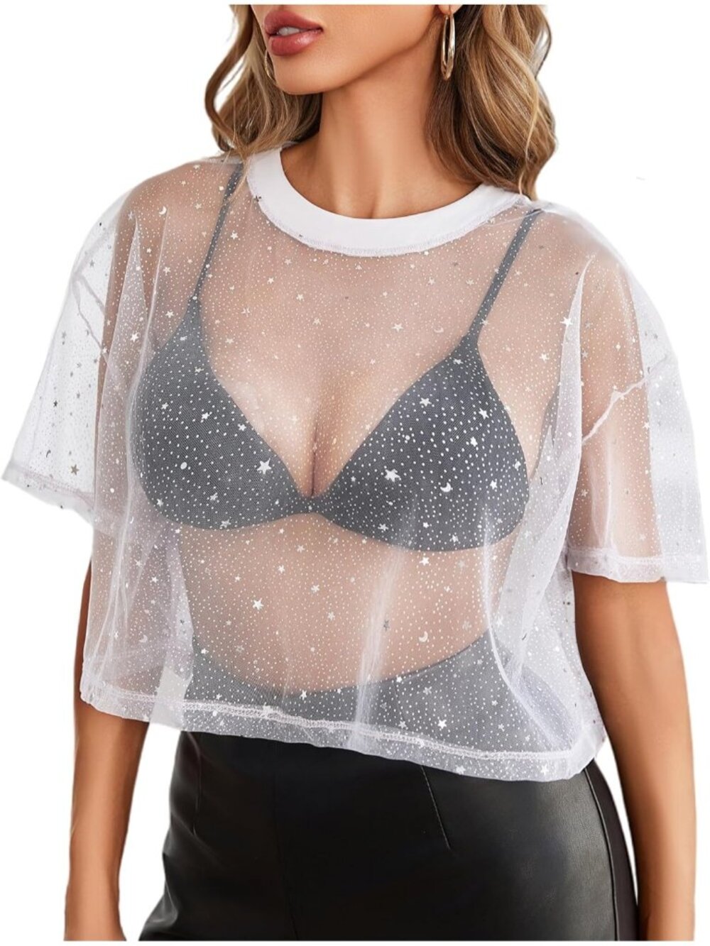 Women Light Purple Polyester Mesh Top Sheer Blouse Clubwear Short Sleeve Shirt